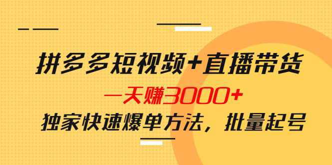 拼多多短视频 直播带货，一天赚3000 独家快速爆单方法，批量起号